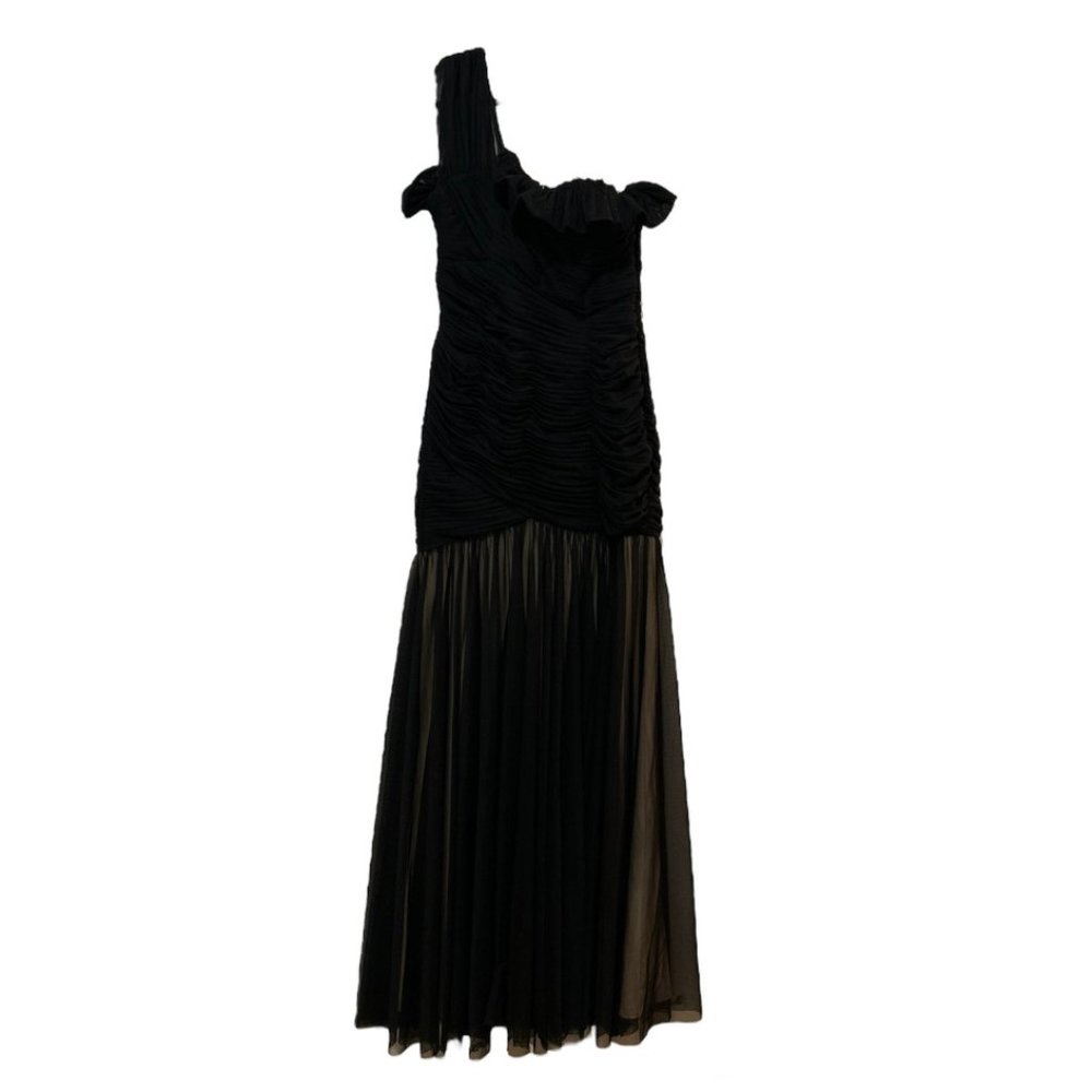 Vintage JS Collections Ruched Mesh Maxi Evening Gown